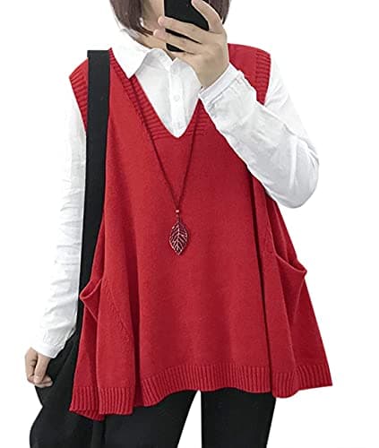 Oversized Cotton Knit Sweater Vest for Women with Drop Pockets