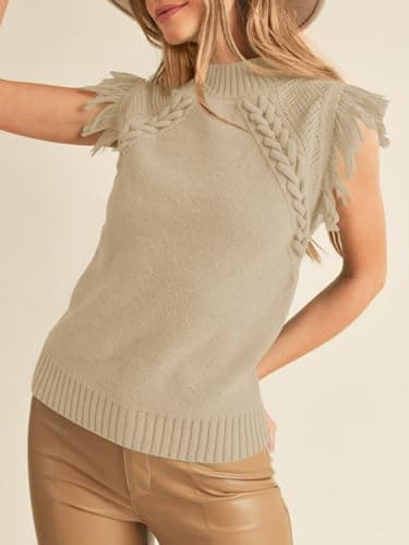 Saodimallsu Boho Women's Sleeveless Cable Knit Vest with Fringe