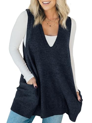 Saodimallsu Women's V-Neck Loose Knit A-Line Flattering Sleeveless Sweater Vest with Pockets