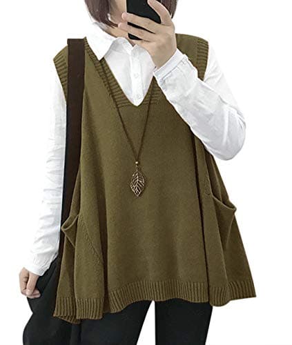 Oversized Cotton Knit Sweater Vest for Women with Drop Pockets