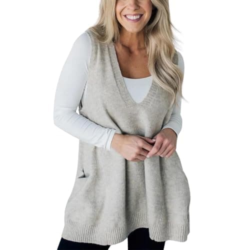 Flattering Oversized Women's Sleeveless V-Neck Knit Sweater Vest with Pockets