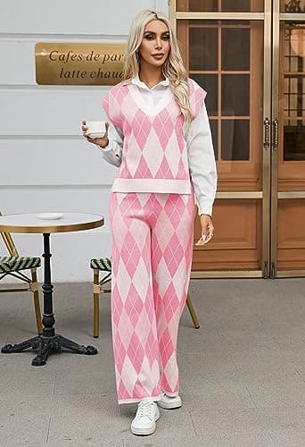 Viottiset Women's V-Neck Sleeveless Sweater Wide Leg Pants Sweatsuit Set