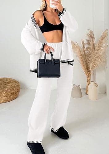PRETTYGARDEN Women's Matching Lounge Sets Knit Cardigan & Wide Leg Pants