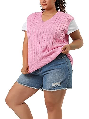 Agnes Orinda Women's Plus Size V-Neck Cable Knit Sweater Vest