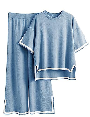 Faleave Women's Short Sleeve Knit Sweater & Elastic Waist Wide Leg Pants Lounge Set