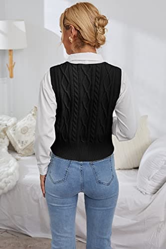 Aoysky Women's V-Neck Cable Knit Sweater Vest Solid Color Sleeveless Top