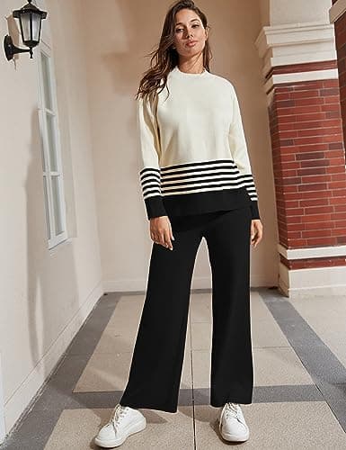 Tanming Women's 2 Piece Knitted Lounge Outfit Sweater Tops Wide Leg Pants Tracksuit