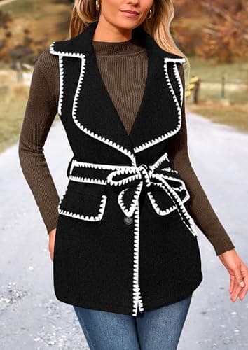 PRETTYGARDEN Women's Winter Long Vest Cardigan with Belt and Pockets