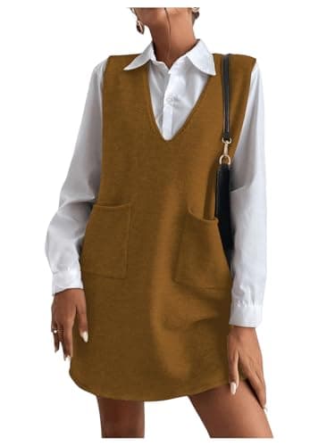 OYOANGLE Women's V-Neck Sleeveless Knitted Short Sweater Dress with Pockets
