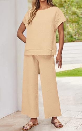 PRETTYGARDEN Women Casual Tracksuit Short Sleeve Top & Wide Leg Pants Matching Lounge Set