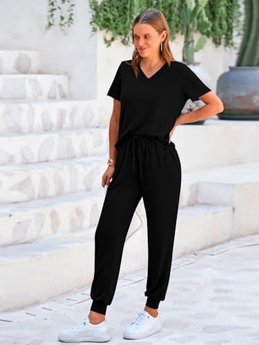 MASCOMODA Women's Summer V-NeckShort Sleeve Top & Long Pants Tracksuit
