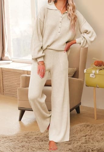Pink Queen Women's 2-Piece Sweater Set Long SleeveKnit Top Wide Leg Pants Pocket