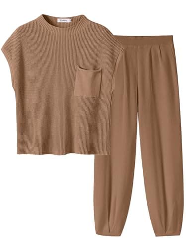 ANRABESS Women's Two-Piece Knit Sweater Vest & Crop Top Pants Set