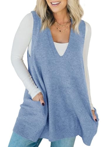Saodimallsu Women's V-Neck Loose Knit A-Line Flattering Sleeveless Sweater Vest with Pockets