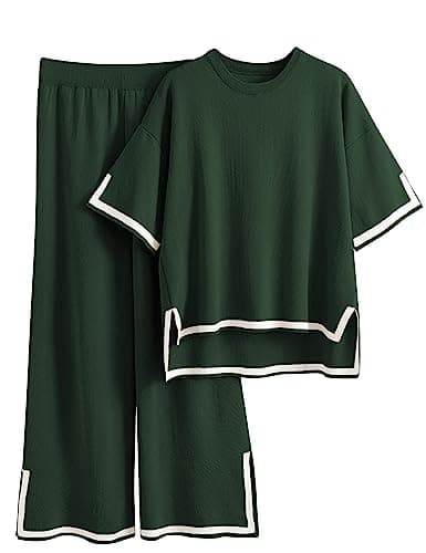 Faleave Women's Short Sleeve Knit Sweater & Elastic Waist Wide Leg Pants Lounge Set