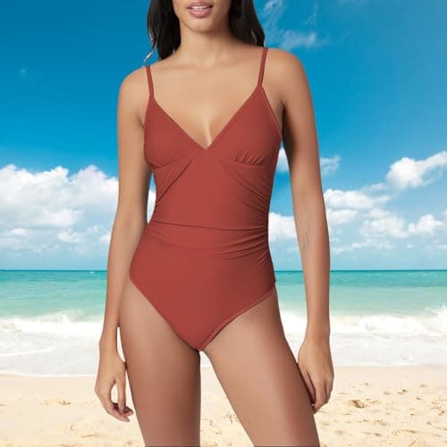 Women's Tummy Control One Piece Suspender Swimsuit Deep V Neck Ruched Bathing Suit