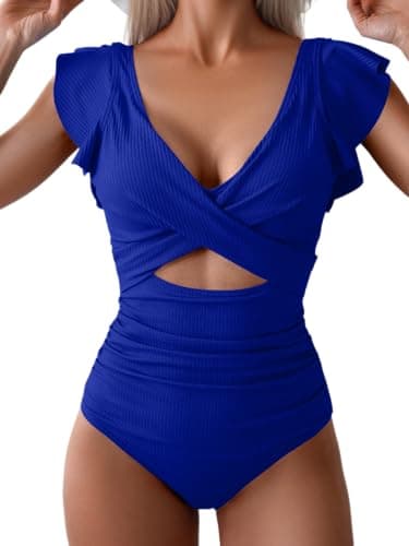 B2prity Women's Slimming V-Neck One Piece Swimwear with Ruffle Cutout