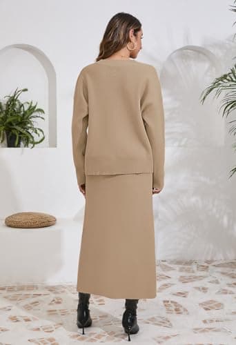 Pink Queen 2024 Women's V-Neck Sweater & Long Sleeve Maxi Skirt Casual Set