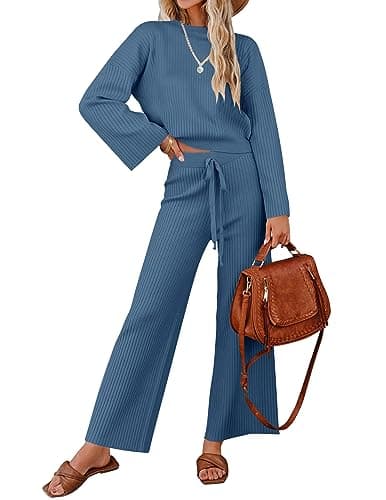 ZESICA Women's Casual Long Sleeve Knit Top & Wide Leg Pants Sweatsuit Set