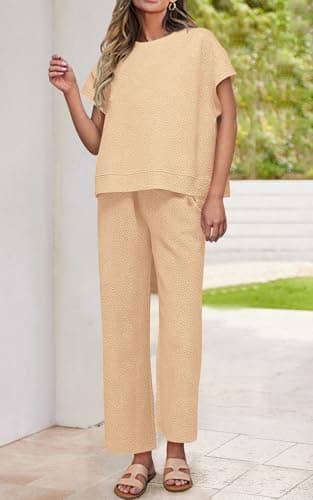 PRETTYGARDEN Women Casual Tracksuit Short Sleeve Top & Wide Leg Pants Matching Lounge Set