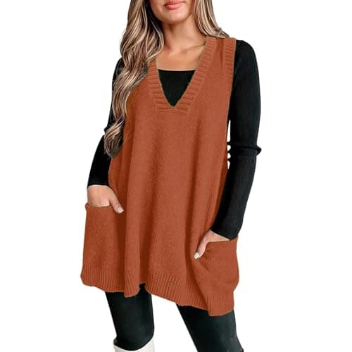 Xoxingysm Women's Oversized V-Neck Knit Tunic with Pockets