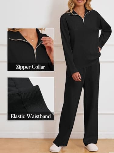 MEROKEETY Women's Long Sleeve Quarter Zip Knit Top & Wide Leg Pants Matching Set