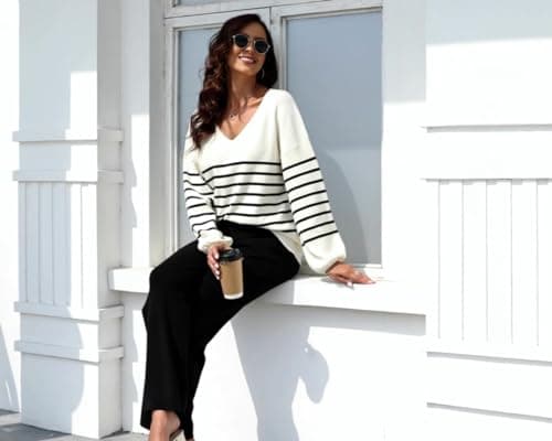 ETCYY New Women's Sweater Lounge Set Casual V-Neck Long Sleeve Top Wide Leg Pants