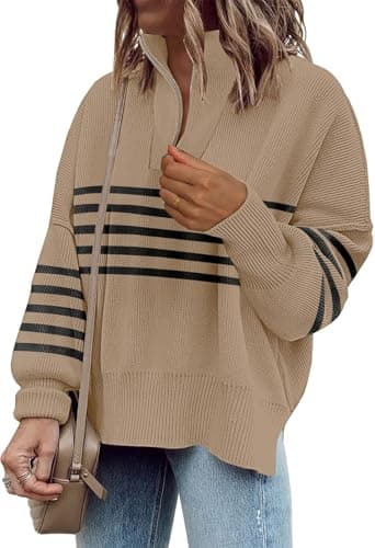 SAUKOLE Women's Oversized Zip-Up Striped Sweatshirt with Batwing Sleeves