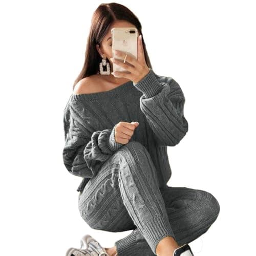 Lucuna Women's 2024 Fall Chunky Cable Knit Sweater Set Pants Loungewear