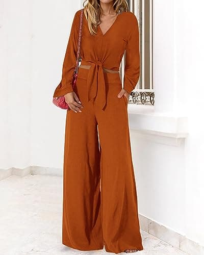PrettyGarden Women's 2025 Spring V Neck Crop Top & Wide Leg Palazzo Pants Outfit Sets