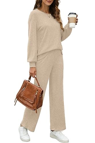 WIHOLL Women's Long Sleeve Sweatsuit Set Wide Leg Pants Outfit