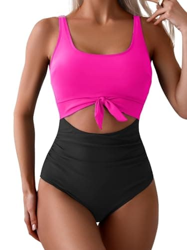 Eomenie Women's Tummy Control One Piece Swimwear with Cutout Tie Knot