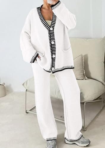 PRETTYGARDEN Women's Matching Lounge Sets Knit Cardigan & Wide Leg Pants