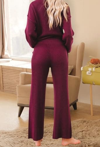 Pink Queen Women's Long Sleeve Knit Sweater Set with Wide Leg Pants