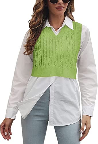 Lailezou Women's Solid Color Argyle Knit V-Neck Sleeveless Crop Vest