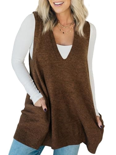 Saodimallsu Women's V-Neck Loose Knit A-Line Flattering Sleeveless Sweater Vest with Pockets