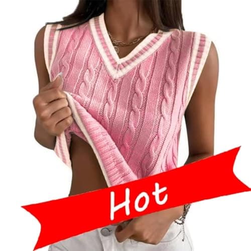 RefindWin Women's Casual V-Neck Cable Knit Sweater Vest