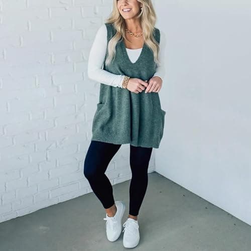 Flattering Oversized Women's Sleeveless V-Neck Knit Sweater Vest with Pockets