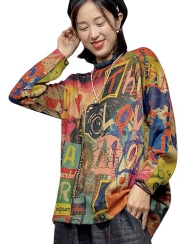 YESNO Women's Oversized Christmas Sweater with Graphic Print Casual Loose Knit Top S01