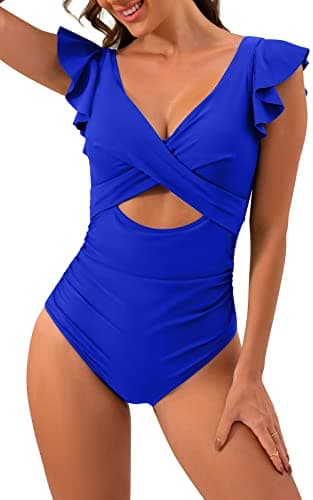 B2prity Women's Slimming V-Neck One Piece Swimwear with Ruffle Cutout