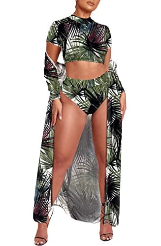 Women's Printed 3 Piece High Waist Bikini Maxi Swimsuit Cover Up