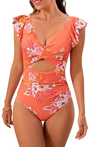 B2prity Women's Slimming V-Neck One Piece Swimwear with Ruffle Cutout