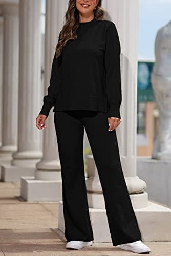 AOHITE Women's Long Sleeve Knit Sweater Top & Wide Leg Sweatpants Outfit Set