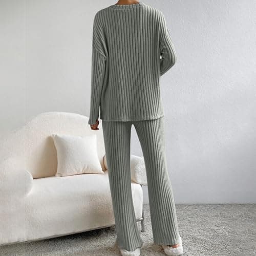 2024 Trendy Lightweight Knit Lounge Sets for Women V-Neck Straight Leg