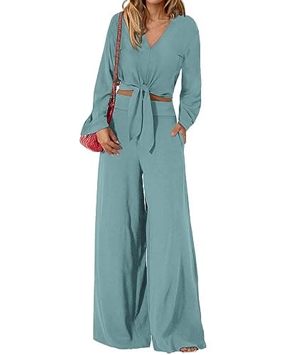 PrettyGarden Women's 2025 Spring V Neck Crop Top & Wide Leg Palazzo Pants Outfit Sets