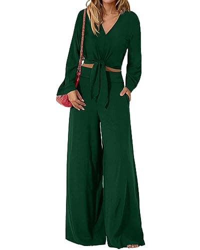 PrettyGarden Women's 2025 Spring V Neck Crop Top & Wide Leg Palazzo Pants Outfit Sets