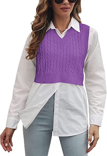 Lailezou Women's Solid Color Argyle Knit V-Neck Sleeveless Crop Vest
