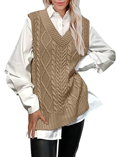 BWQ Women's Oversized Plaid V-Neck Cable Knit Sweater Tank Top