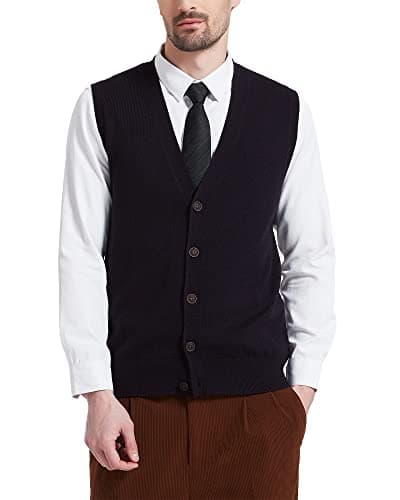 Kallspin Men's Wool Blend V-Neck Sleeveless Cardigan Vest