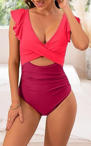 B2prity Women's Slimming V-Neck One Piece Swimwear with Ruffle Cutout